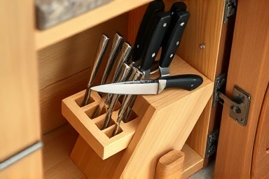 Neatly stored knives in an interior cabinet knife block.